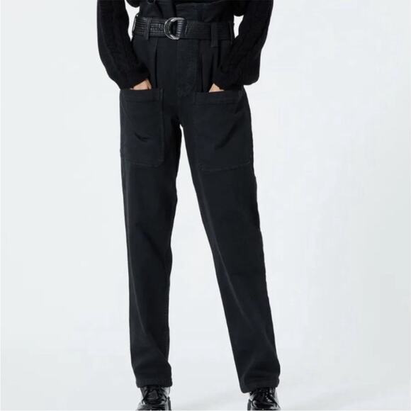 The KooplesWomen’s Lizy Denim Black Jeans Cargo Style High Rise Straight Leg